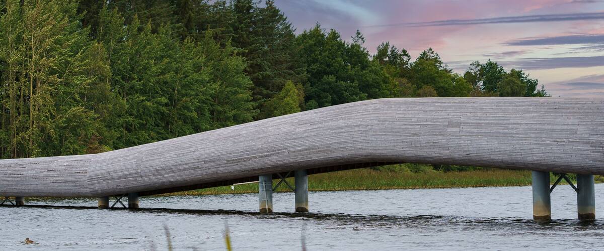 A wooden bridge over a river with a forest in the background.