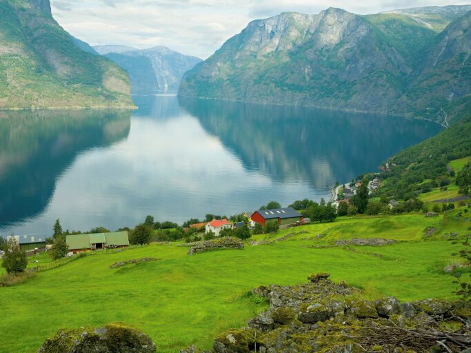 Norway, Sognefjord, Aurland, farms beside fjord, dawn, elevated view
