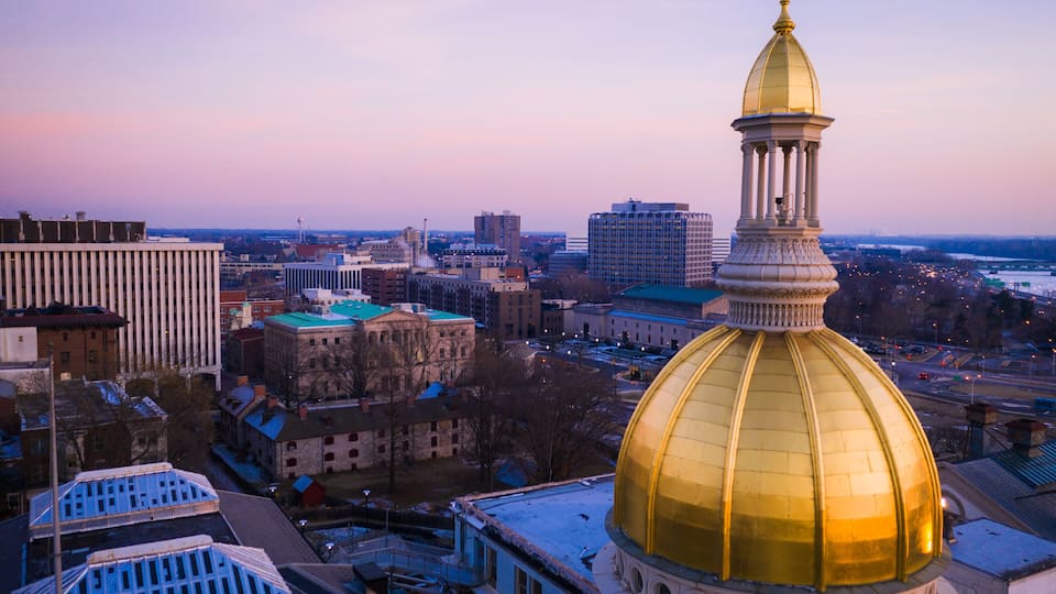 A cityscape with a prominent golden dome and a classical tower.