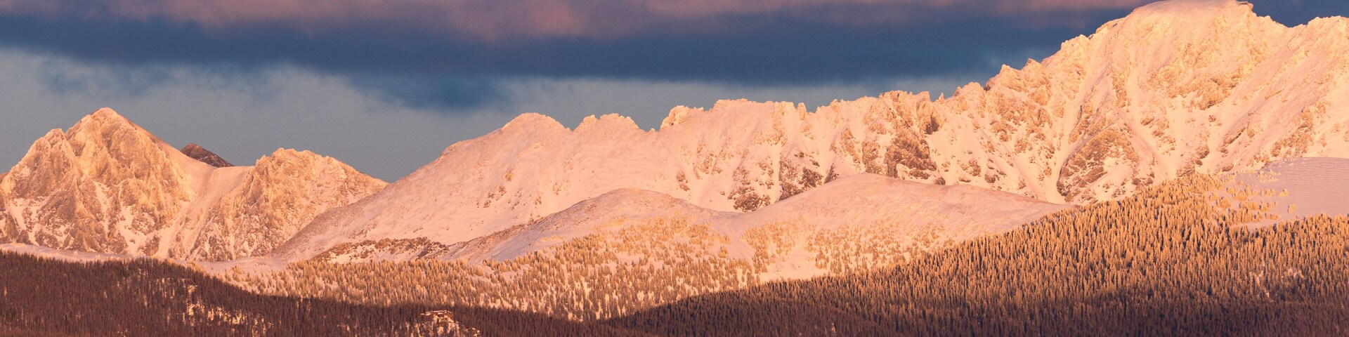 Uma cordilheira com picos nevados e florestas densas.