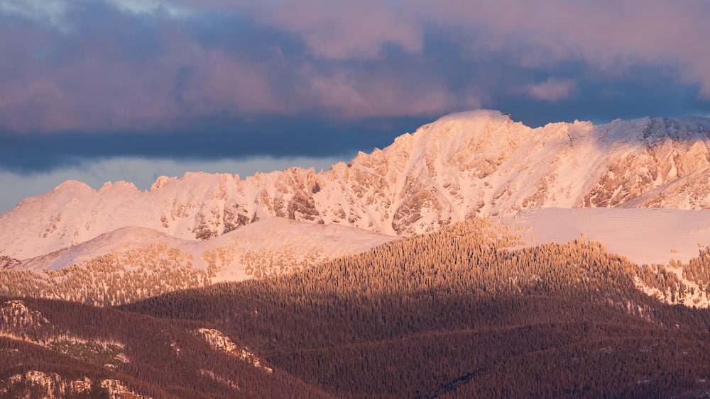 Ein verschneites Gebirge mit einem bewaldeten Tal.