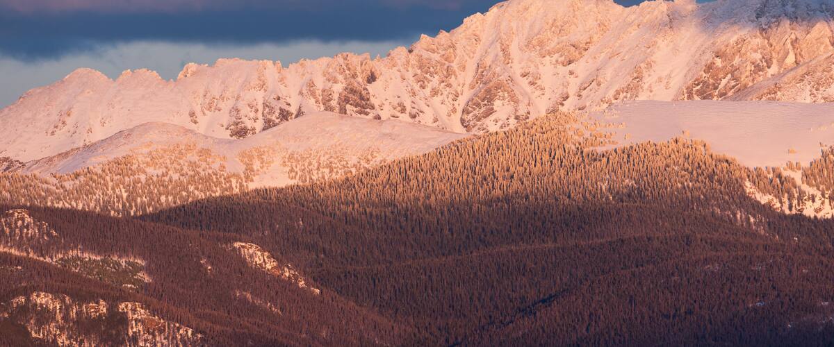 A snow-covered mountain range with a forested valley.