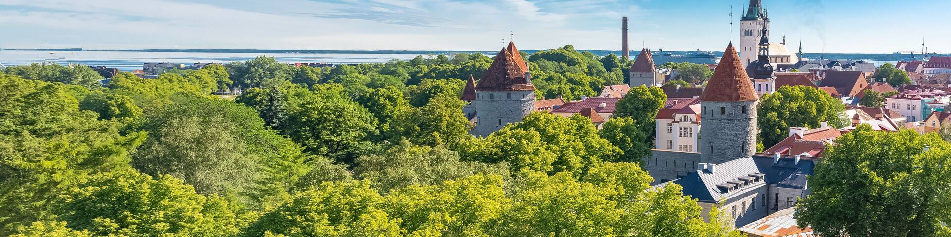 Tallinn in Estonia, panorama of the medieval city with Saint-Nicolas church, colorful houses and typical towers