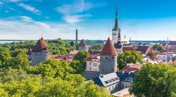 Tallinn in Estonia, panorama of the medieval city with Saint-Nicolas church, colorful houses and typical towers
