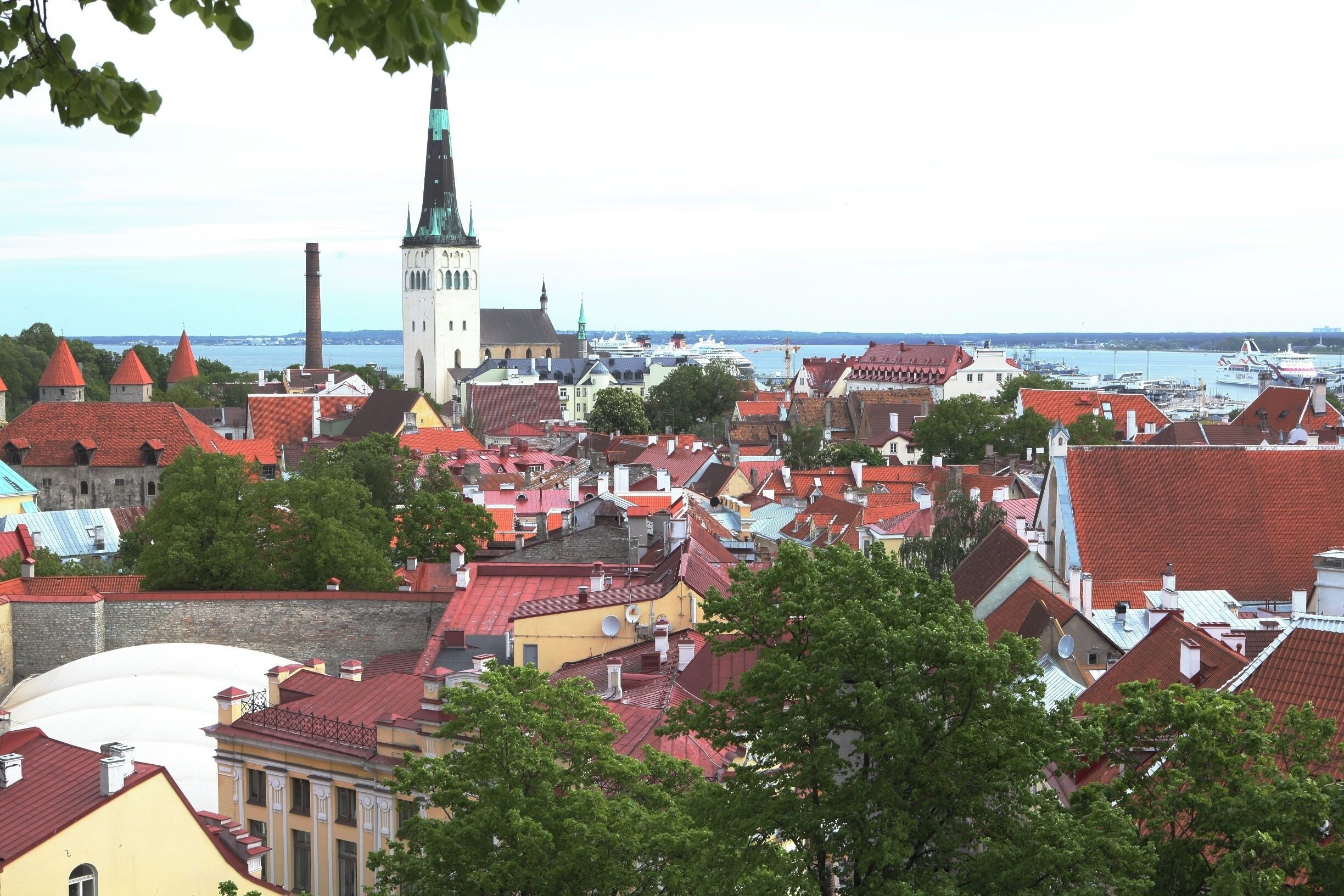 Beautiful view overlooking a portion of Old Town in Tallin, Estonia.  You can see the cruise port in the distance.