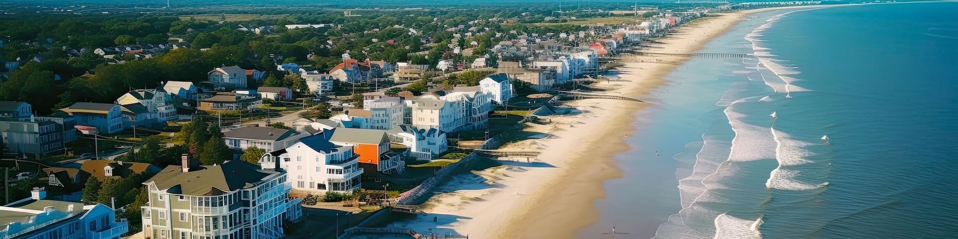 Awe-Inspiring Aerial View of Cape May, New Jersey: Cityscape and Beach in the Jersey Shore with the Ocean in Sight (16:9): Generative AI