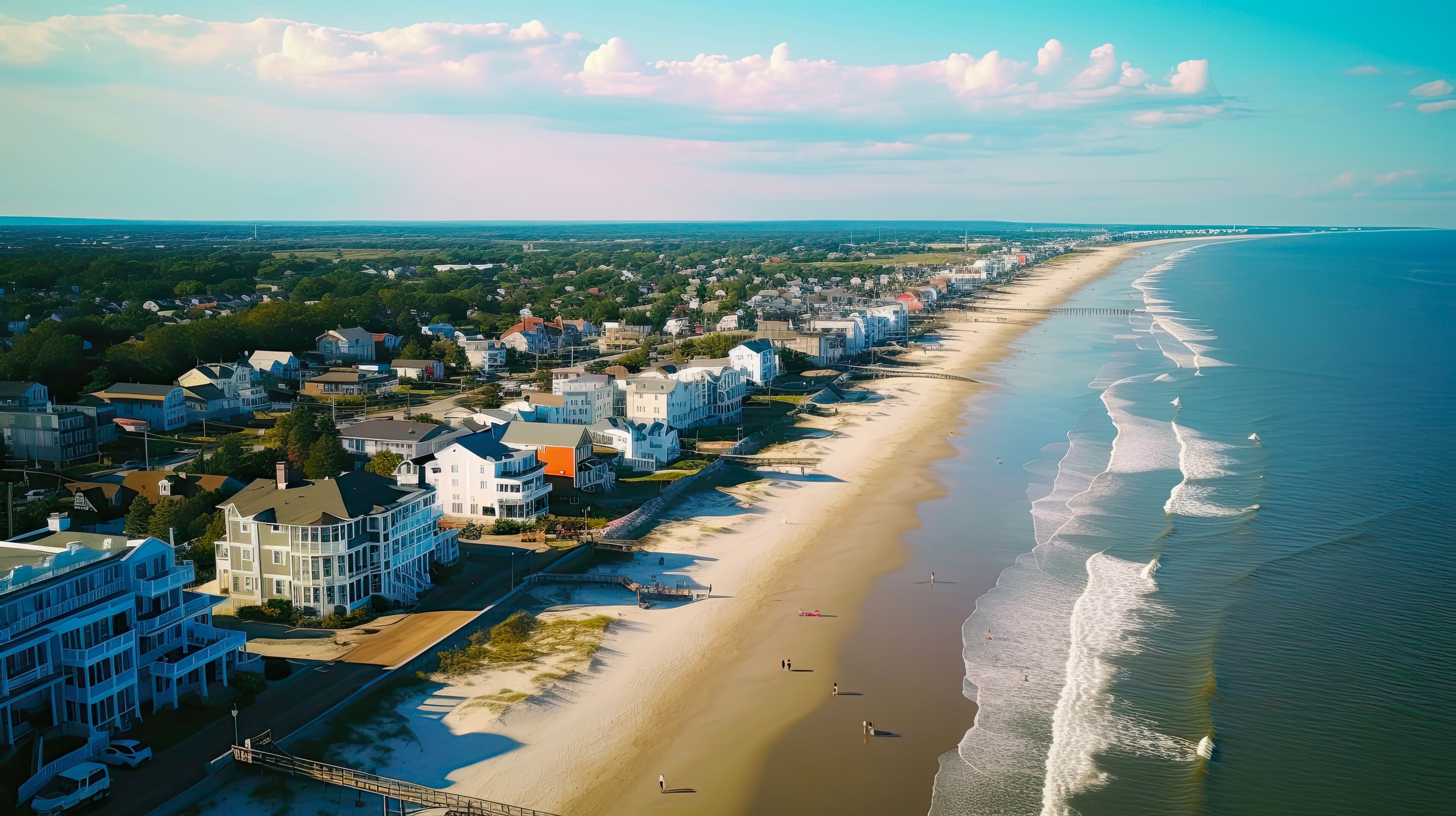 A coastal town with a long sandy beach, houses, and a clear view of the ocean.