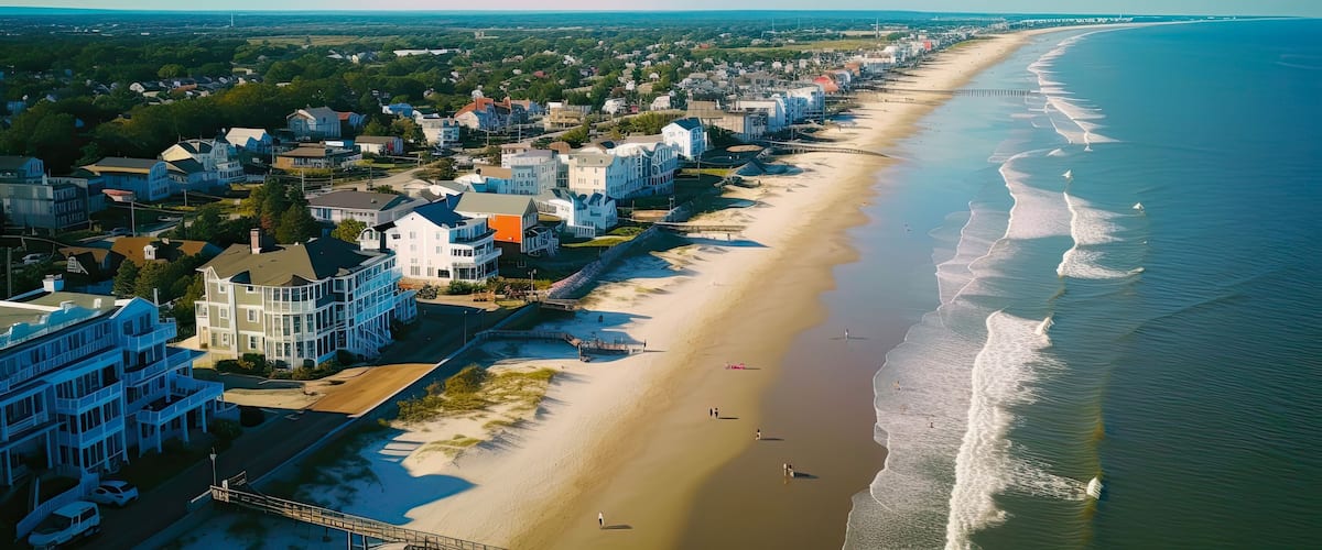 A coastal town with a long sandy beach, houses, and a clear view of the ocean.