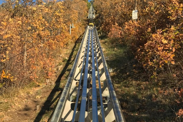 Vías de tren rodeadas de follaje otoñal.