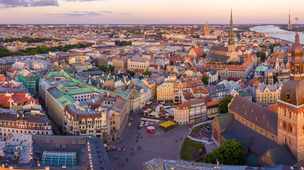 Et panorama over en historisk by med et markant grønt spir, en flod og en bro.