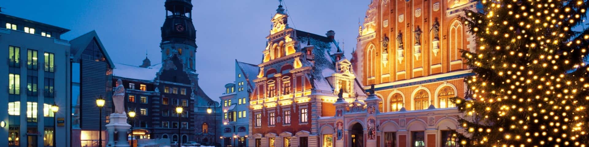 Riga featuring heritage architecture, night scenes and snow