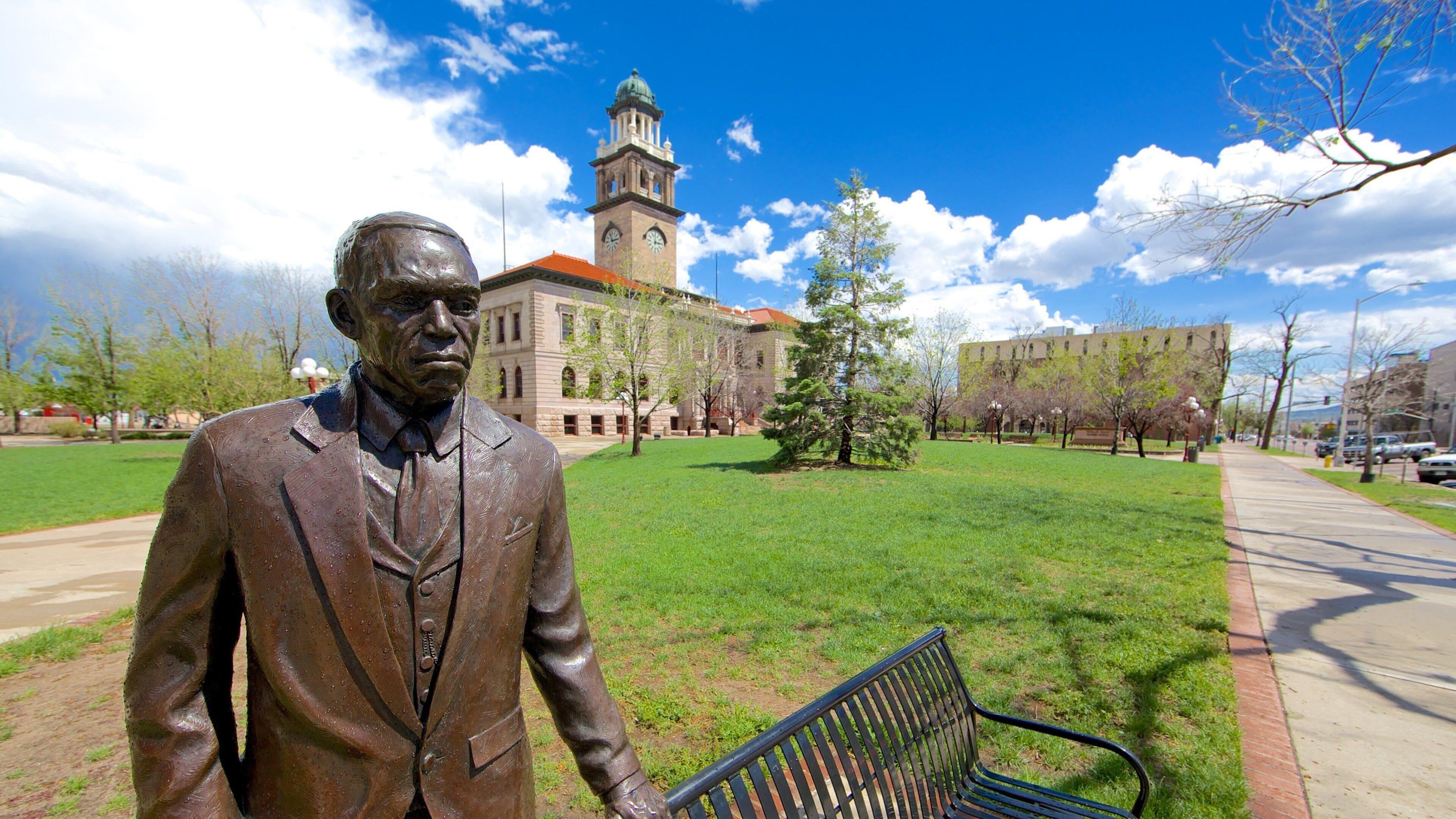 Downtown Colorado Springs which includes heritage architecture, a statue or sculpture and outdoor art