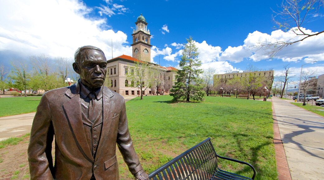 Downtown Colorado Springs which includes heritage architecture, a statue or sculpture and outdoor art