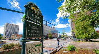 Downtown Colorado Springs showing a city, street scenes and signage