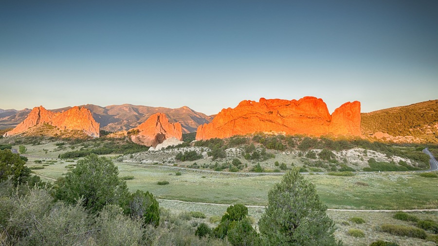 Dawn colors South Gateway, Signature, North Gateway, Kissing Camels, Tower of Babel (named rock formations) in Garden of the Gods, Colorado Springs, Colorado.; Shutterstock ID 498099412