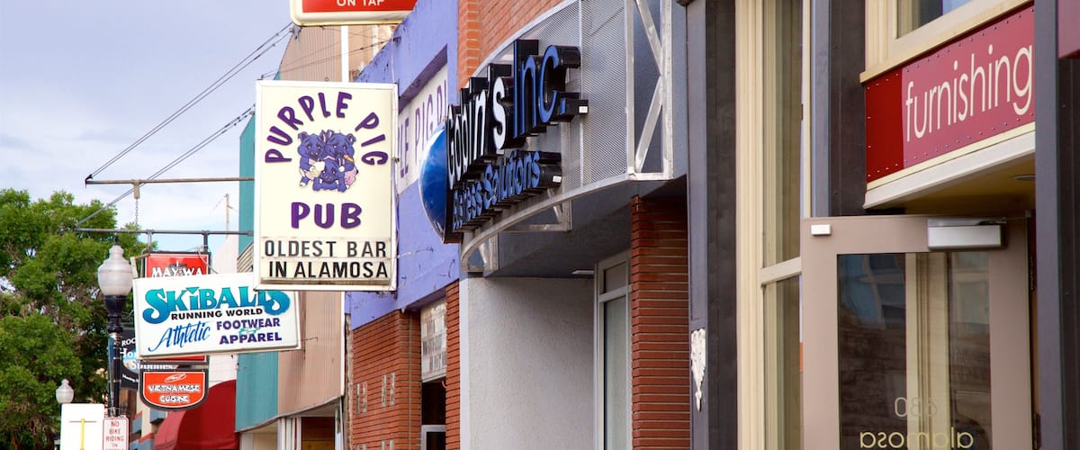 A street with various business signs including Coors, Purple Pig Pub, and Running World Athletic Apparel.