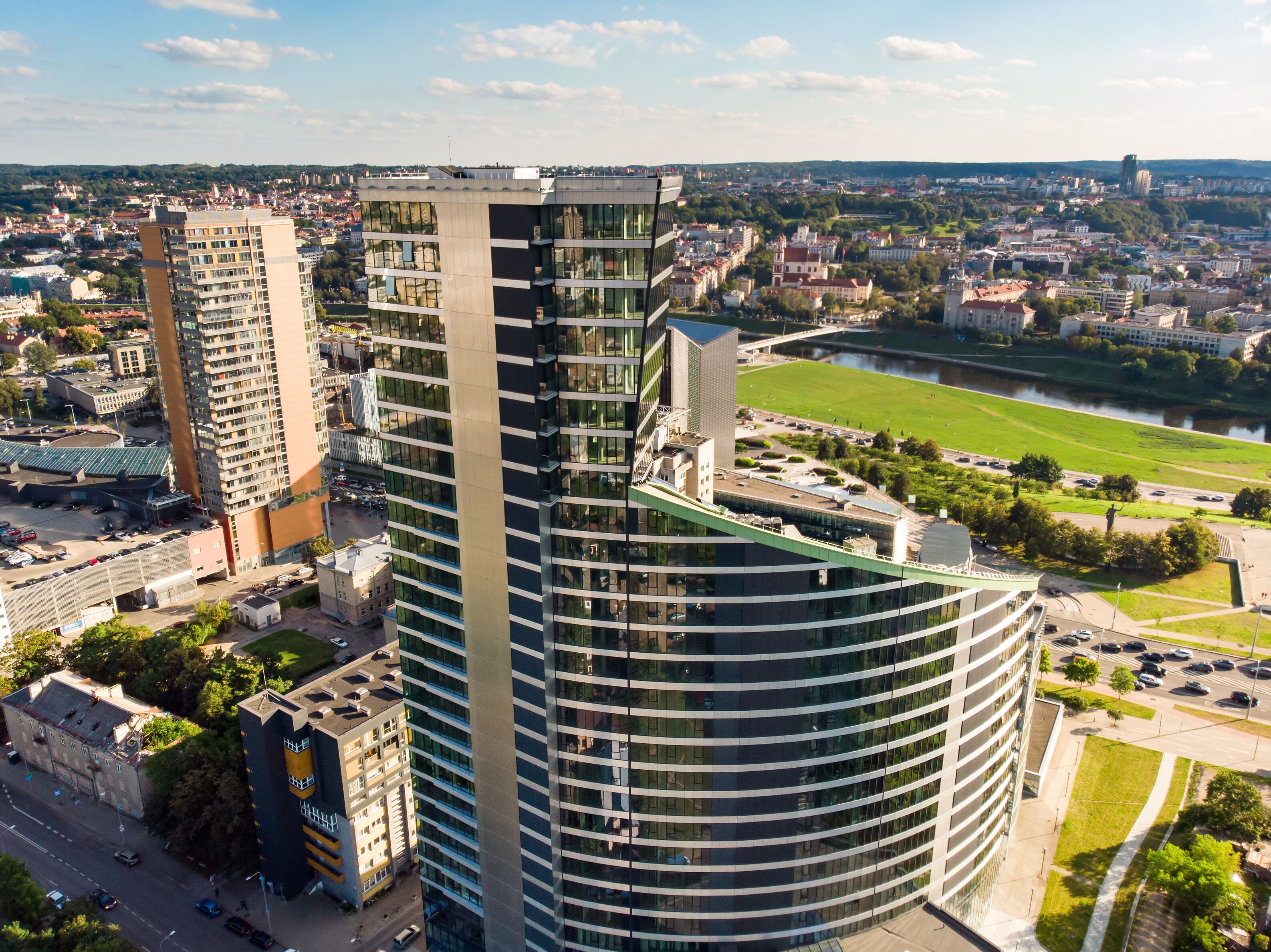 Aerial view of Vilnius business district on sunny summer day.