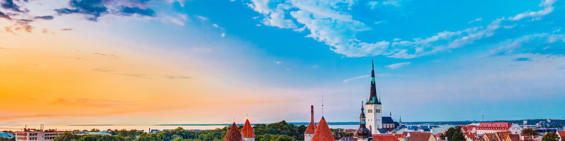 Un paisaje urbano con una aguja de iglesia destacada, torres de tejados rojos y abundante vegetación.