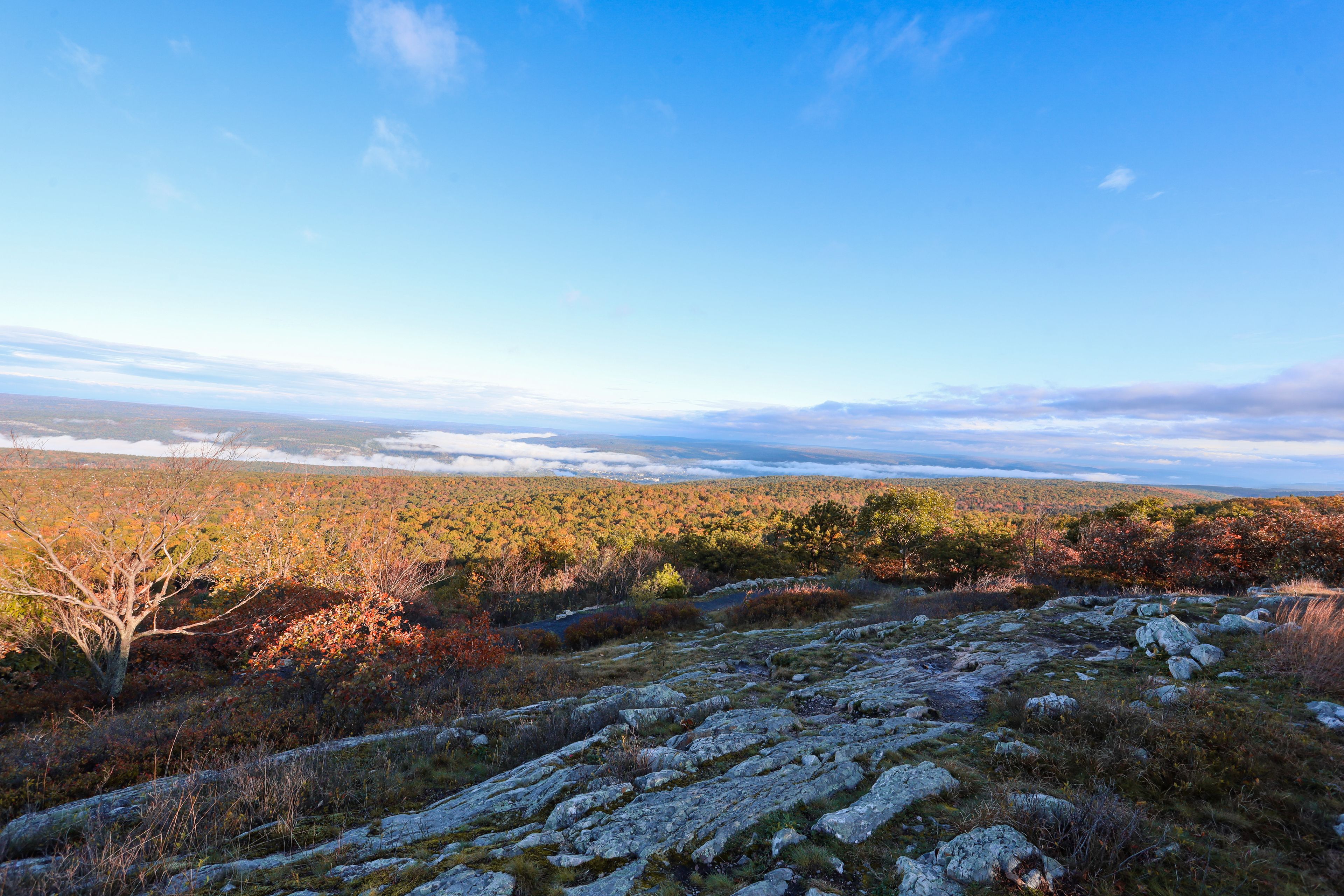 A mountainous landscape with autumn foliage, rocky terrain, and a clear sky.