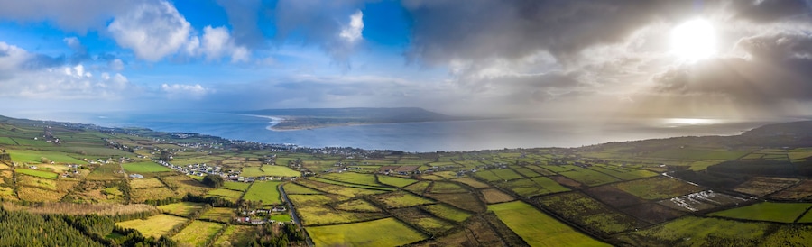 Aerial view of Greencastle, Lough Foyle and Magilligan Point in Northern Ireland - County Donegal, Ireland