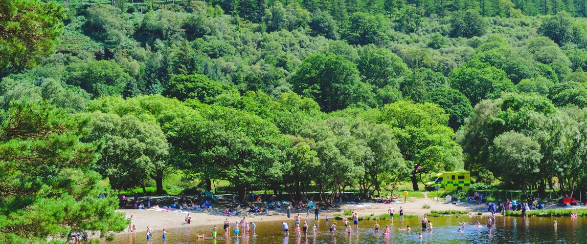 A lake surrounded by dense forest and a sandy beach with people swimming and relaxing.