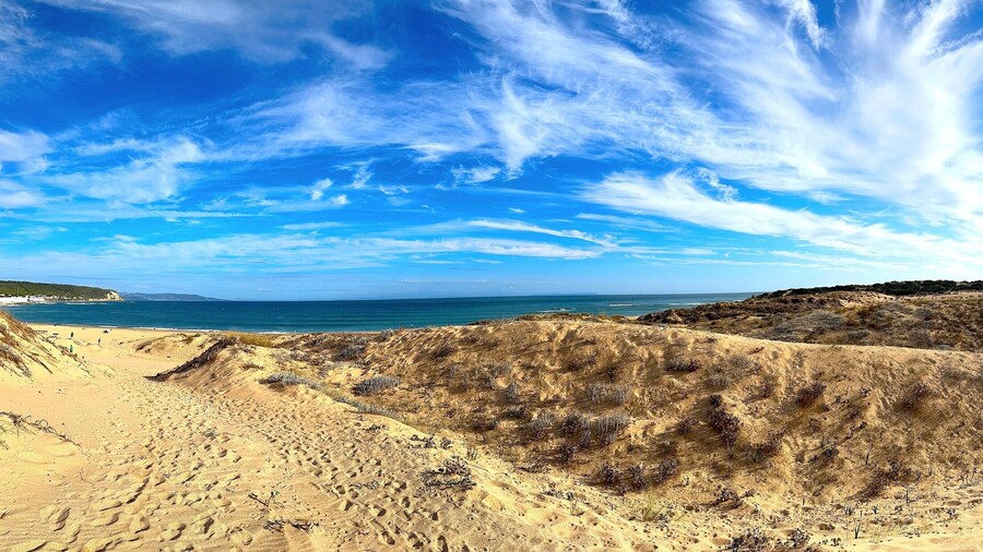 panorama view at Faro de Trafalgar, lighthouse at a sandy dune headland between Los Caños de Meca and Zahora, Conil de la Frontera, Vejer de la Frontera, Costa de la Luz, Andalusia, Spain