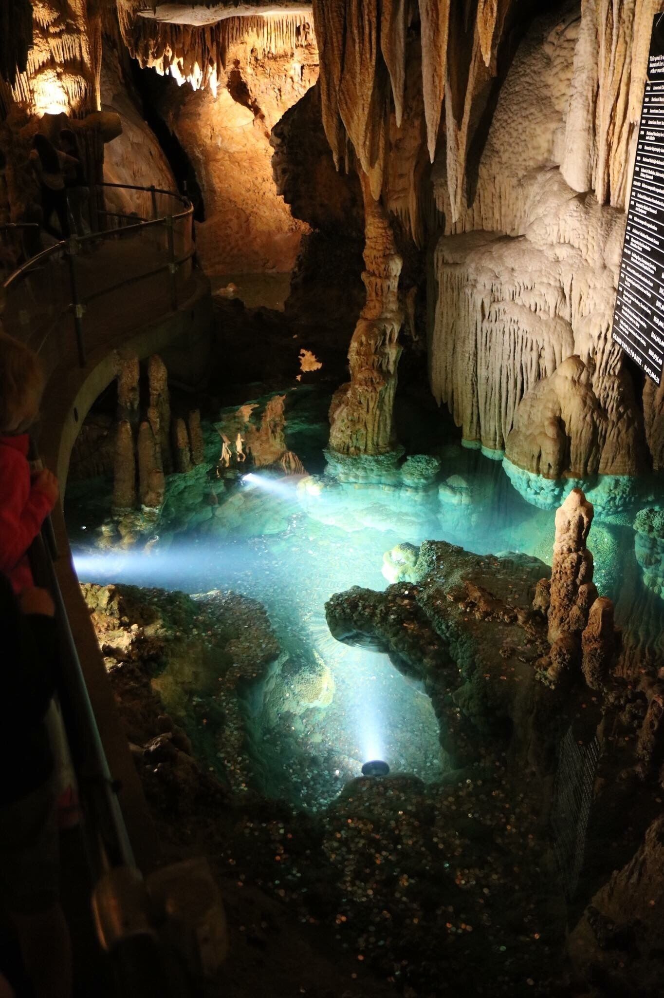 A cave with stalactites and stalagmites, a water feature, and a viewing platform.