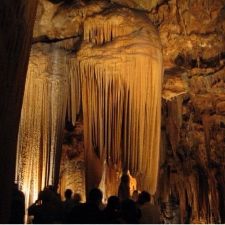 A cave with stalactites and stalagmites.