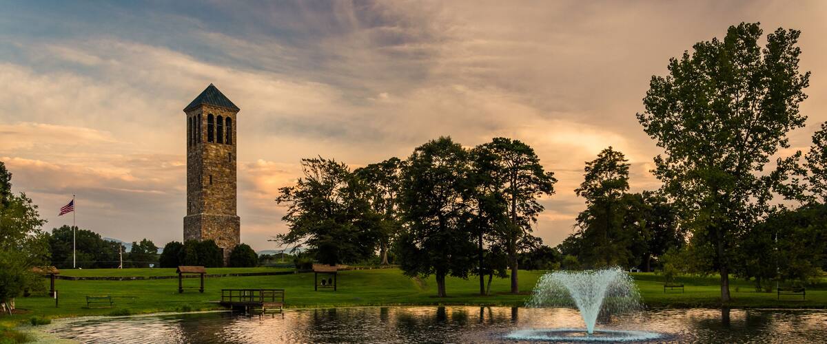 The singing tower and a pond in Carillon Park, Luray, Virginia