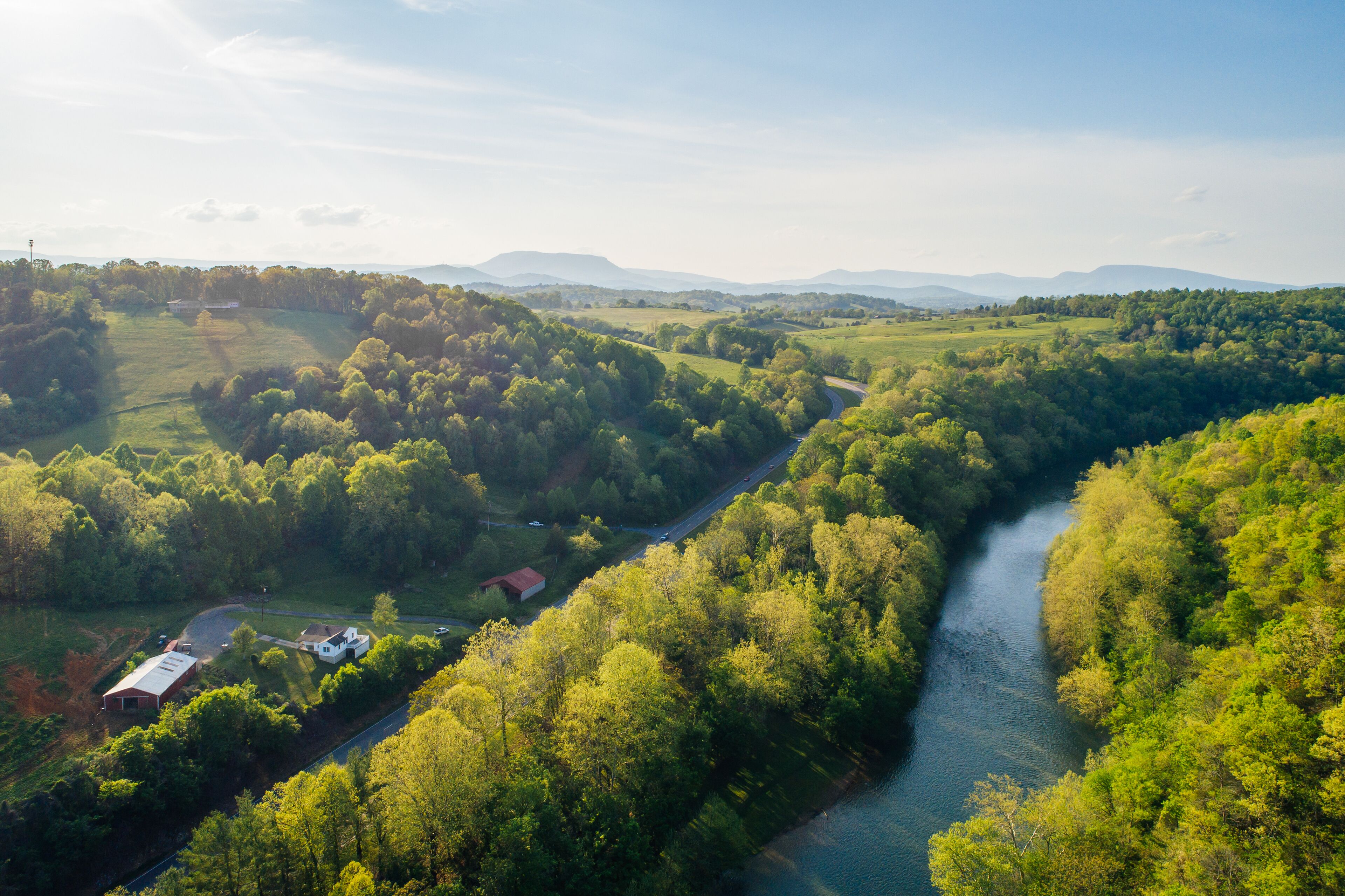 Aerial view of the Maury River and Blue Ridge Mountains, in Buena Vista, Virginia.; Shutterstock ID 630373724; Purchase Order: -