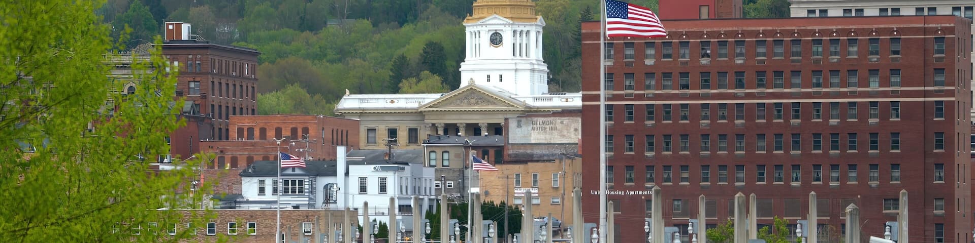 Marion County courthouse viewed from across the Monongahela River and Million Dollar Bridge in Fairmont, West Virginia.