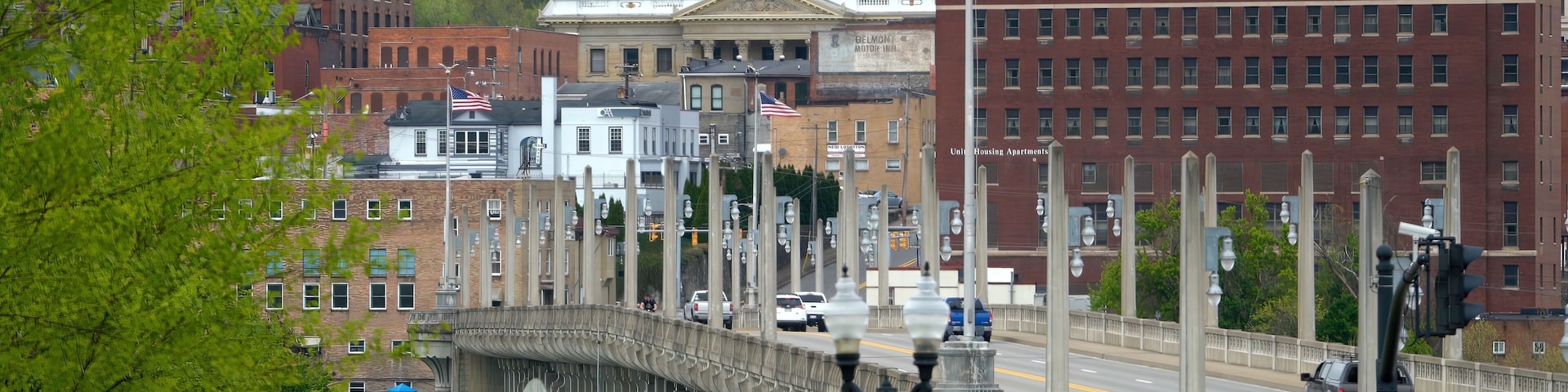 Marion County courthouse viewed from across the Monongahela River and Million Dollar Bridge in Fairmont, West Virginia.