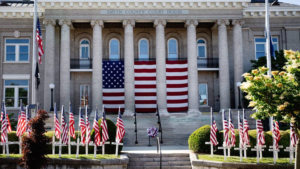 Smyth County Courthouse decorated for Memorial Day in Marion, Virginia.