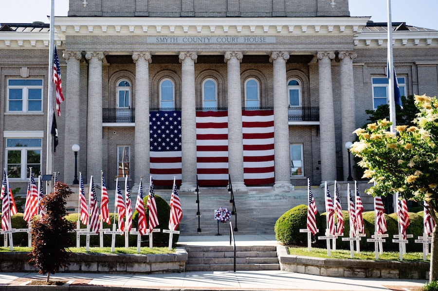 Smyth County Courthouse decorated for Memorial Day in Marion, Virginia.