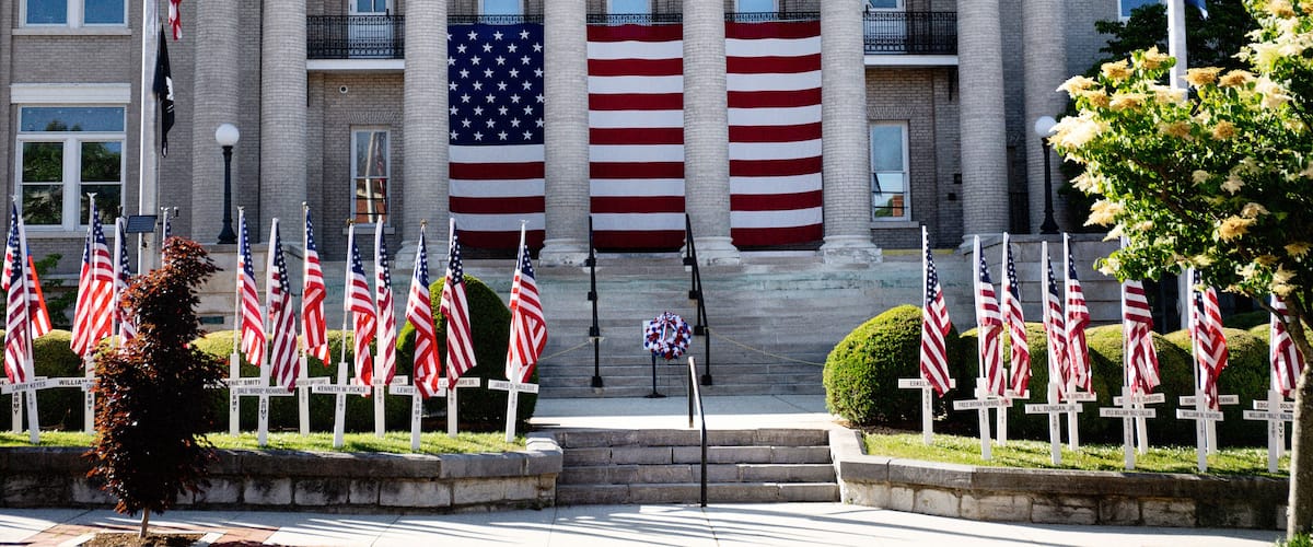Smyth County Courthouse decorated for Memorial Day in Marion, Virginia.