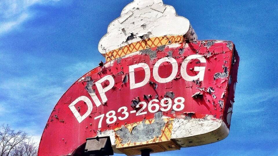 A damaged sign with the text "DIP DOG 783-2698" against a blue sky.