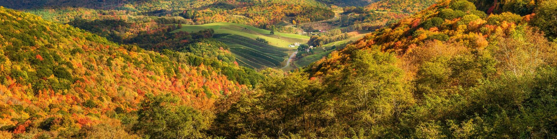 Autumn foliage of a farming valley taken from Grayson Highlands Virginia State Park