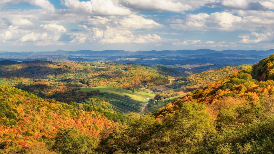 Autumn foliage of a farming valley taken from Grayson Highlands Virginia State Park
