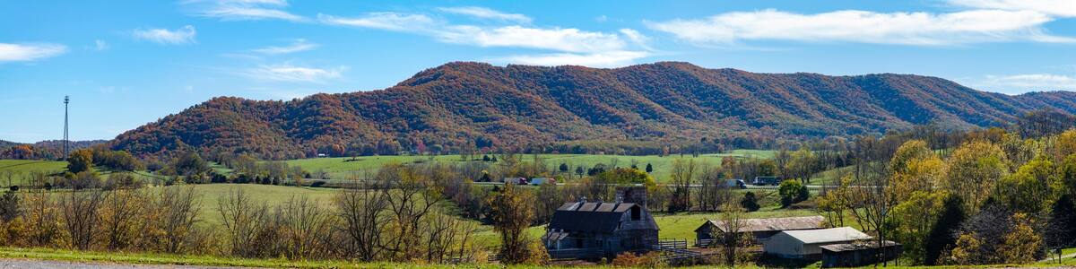 Panorama of mountains, valley and farmland with Interstate 77 in southwest Virginia.