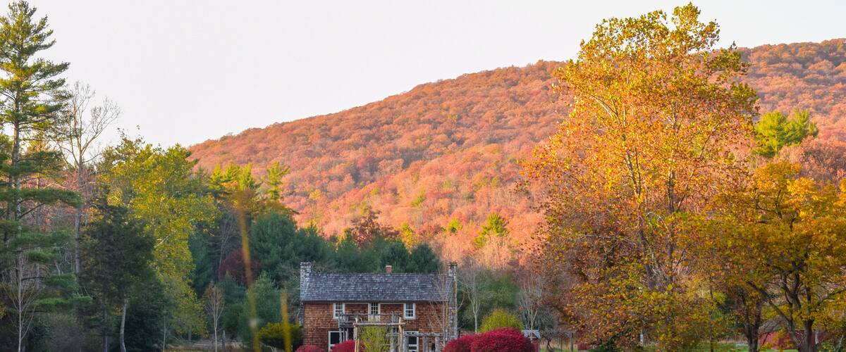A house by a lake with autumn foliage and a hill in the background.