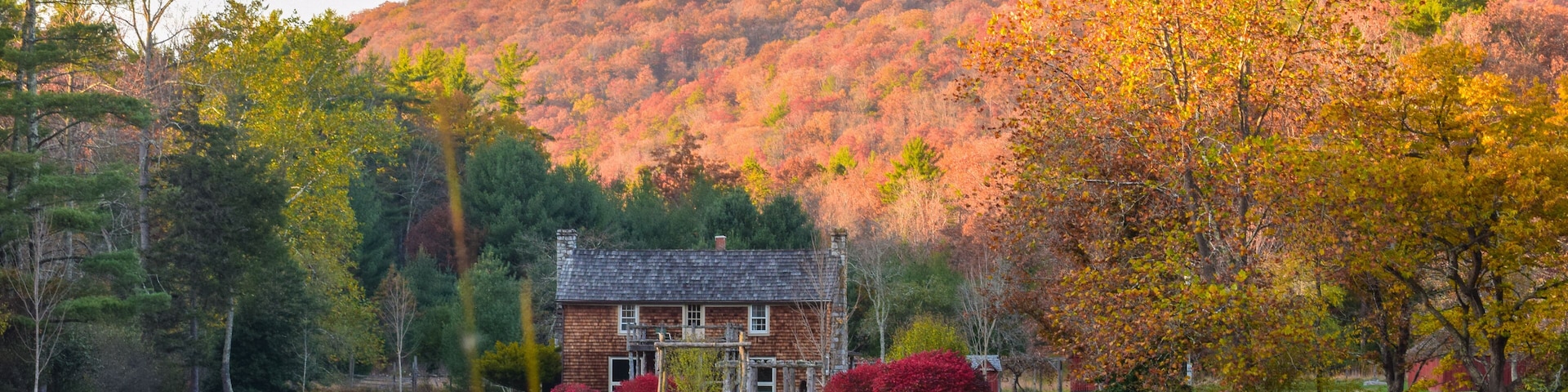 A house by a lake with autumn foliage and a hill in the background.