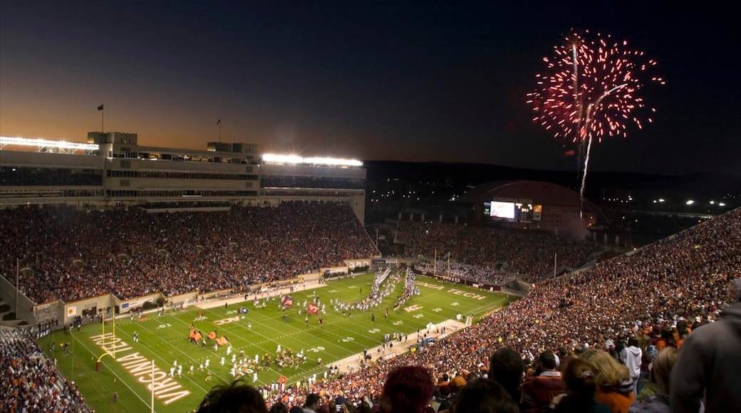 Blacksburg which includes night scenes, nightlife and a sporting event