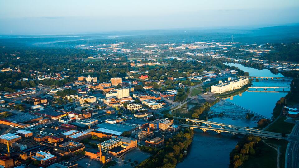 Aerial photographs of Danville,VA,old cotton mills and the Dan river.