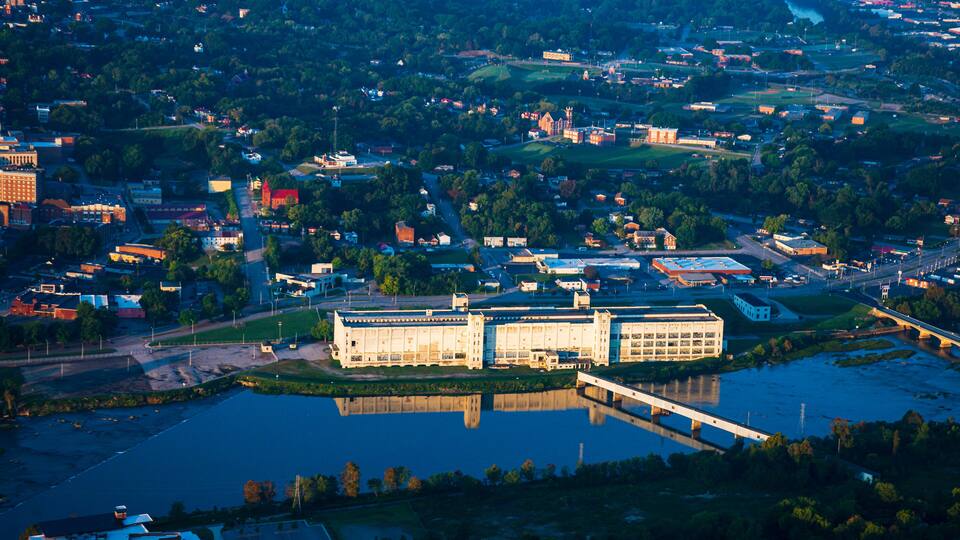 Aerial photograph of White Mill in on the river in Danville, Virginia