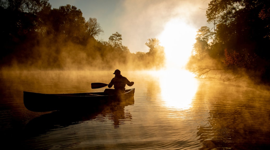 A kayaker in a canoe on a misty river with trees on both sides.