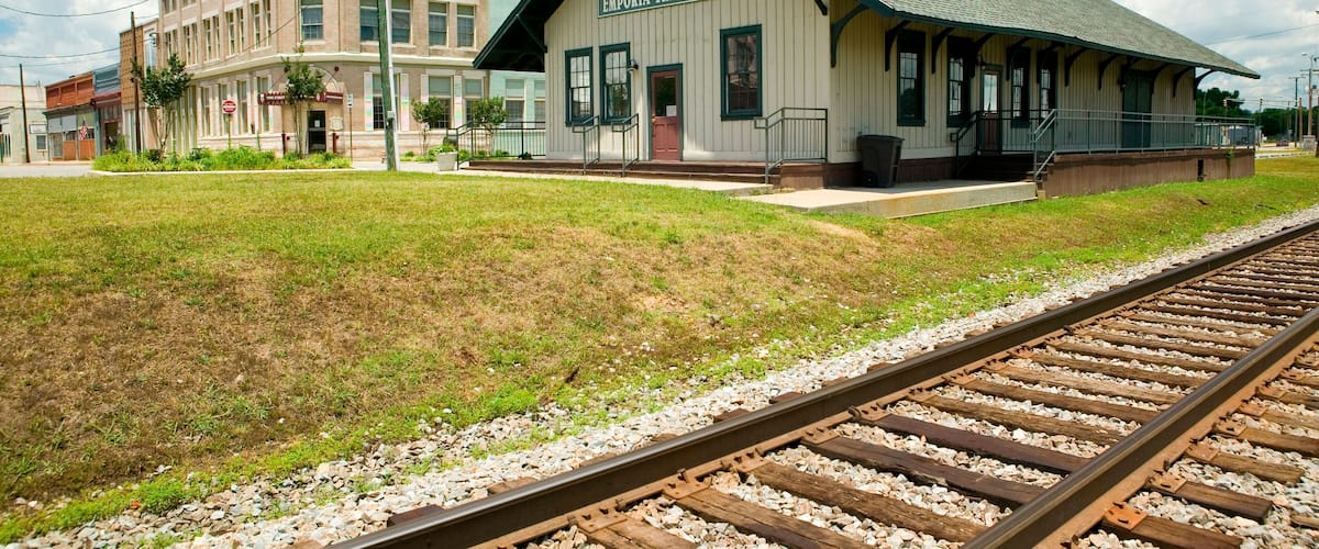 Emporia Virginia Train depot and railroad tracks in rural southeastern Virginia