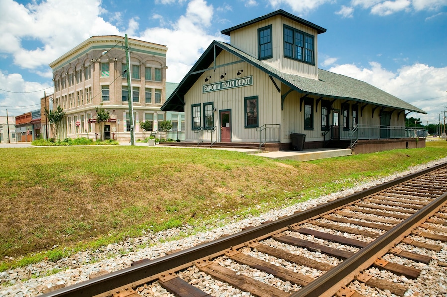 Emporia Virginia Train depot and railroad tracks in rural southeastern Virginia