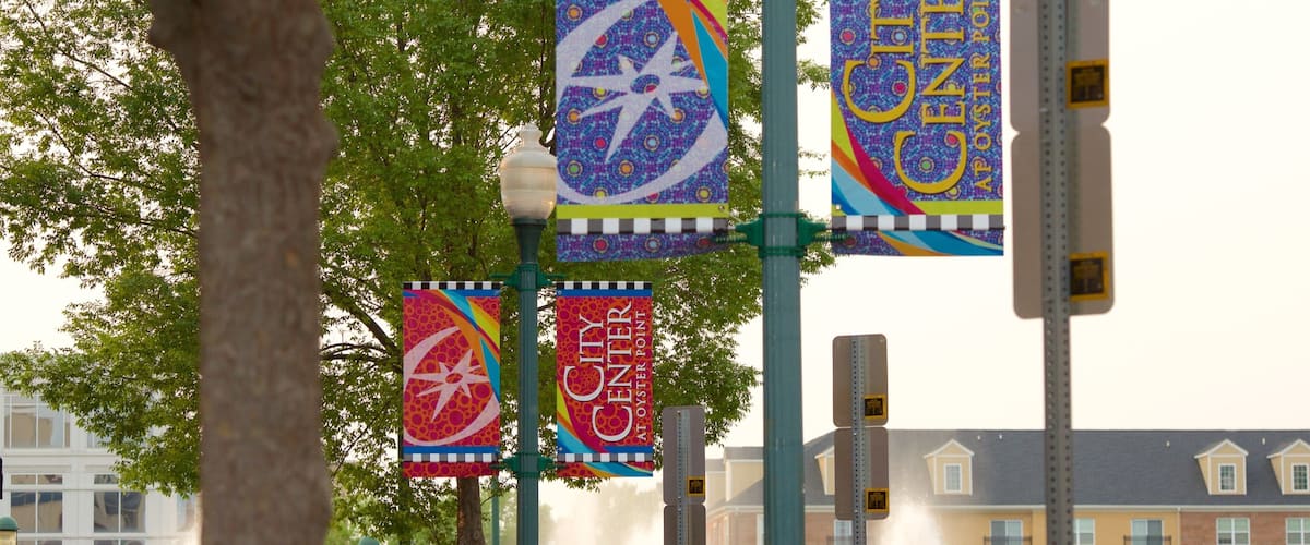 Une rue ornée de banderoles colorées faisant la publicité du centre-ville et du quartier Oyster Point.