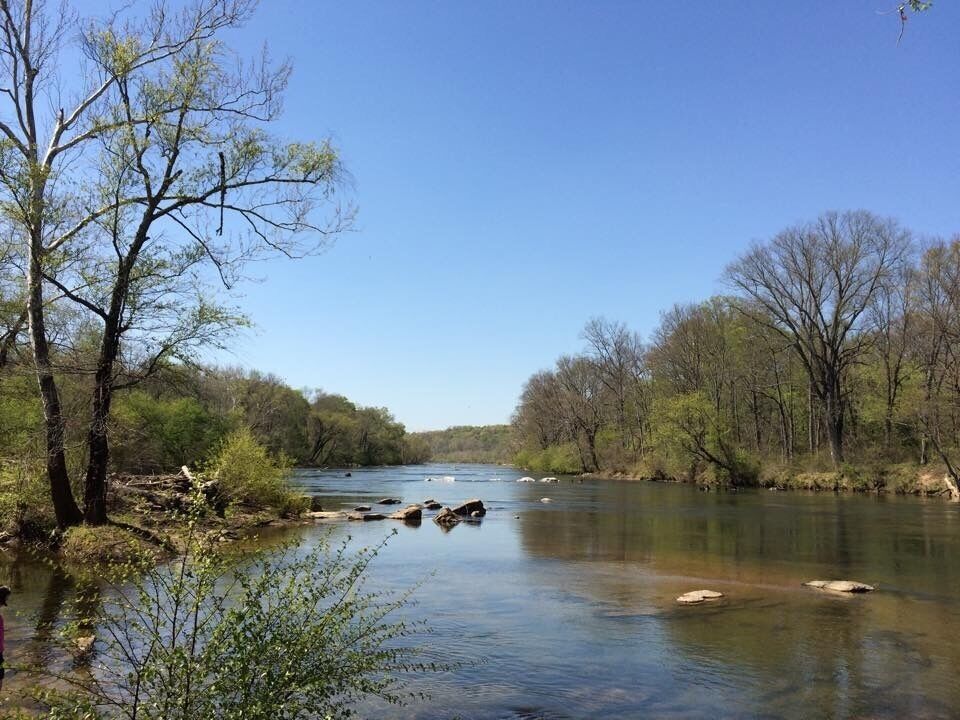 A calm river with clear water, surrounded by trees and rocks.
