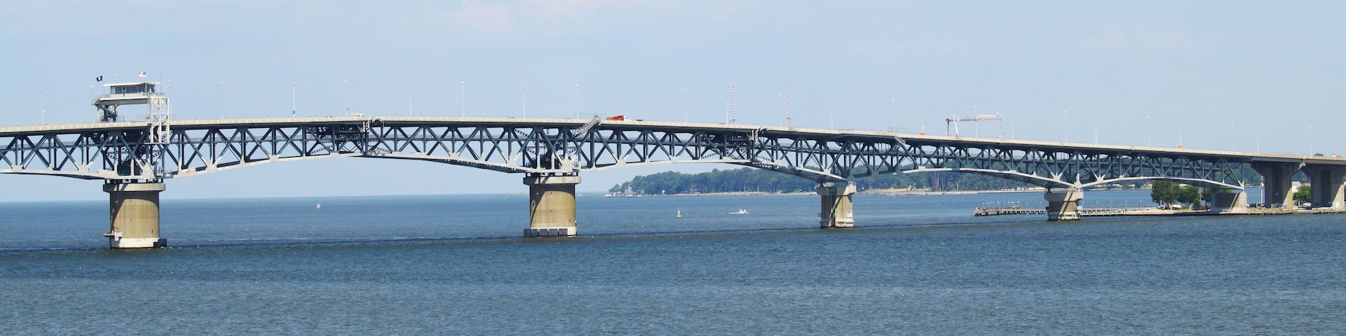 A view of the Chesapeake bay and George P Coleman bridge from Yorktown Virgina on the York River